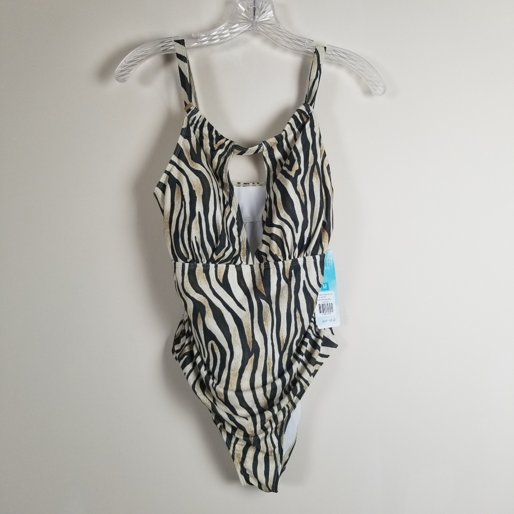 Simply Fit High Neck Ruched One Piece Swimsuit Bathing Suit Medium Zebra NWT